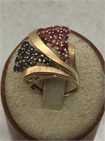14K Yellow Gold Deco Blue & Pink Topaz Ring