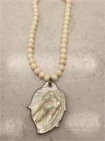 Vtg Coral & Carved Mother-of-Pearl Pendant Set