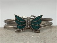 Vtg Sterling Silver Turquoise Butterfly Cuff Brace