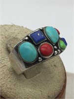 Sterling Turquoise Lapis & Coral Fancy Ring