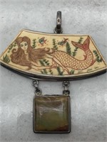 Carved Ivory Mermaid & Jasper Sterling Pendant