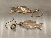 Vintage Carved Abalone Fish Earrings