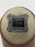 Sterling Black Enamel Onyx & Marcasite Ring