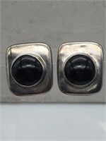 Vtg Sterling Silver Atomic Style Onyx Earrings