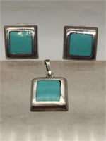 Vtg Sterling Silver Turquoise Inlay Earring Set