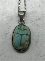 Carved Larimar Scarab Pendant & Sterling Chain