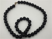 Long Frosted Satin Black Glass Beaded Necklace