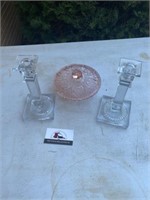 Pink Depression and candle holders