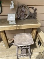 Wooden stool and yard ornaments