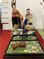 Asian Pieces: Ceramic Dishes, Two Dolls, Other Mis