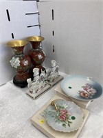 Pair Of Cloisonne Vases/urns On Black Wooden Asian