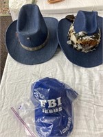 Two Denim Cowboy Hats, With Feathers, & An Fbi I L