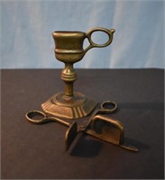 EARLY BRASS CANDLE SNUFFER W/ HOLDER