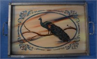 EARLY REVERSE PNT'D PEACOCK TRAY
