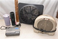 heater, fan, weather radio and bluetooth speakers