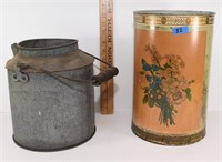 decorative metal bucket and galvanized milk jug