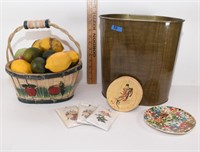 fruit basket, waste bin, vintage display plate