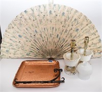large fan, vintage lamps and copper display tray