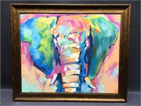 Acrylic on Canvas. Elephant. Has Repair. 23x19