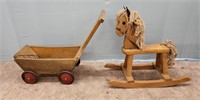 Vtg Wooden Childrens Wagon & Rocking Horse