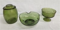 Green Glass Cracker Jar w Mushroom Pattern /