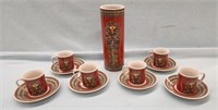 (6) Egyptian Inspried Cups & Saucers / (1) Vase