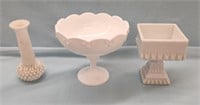 Milkglass Pedestal Fruit Bowl / Hobnail Bud Vase /