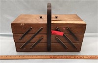 Wood Sewing Box w Contents / Plastic Thread Box