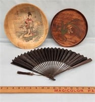 Antique Paper Folding Fan/Wood Plate wOrchid Asian