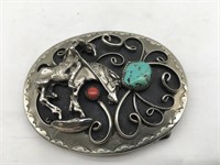 Silver Cowboy Rodeo Silver Turquoise Belt Buckle