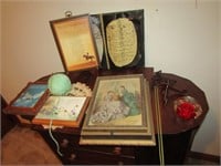 pictures & old dresser box & items