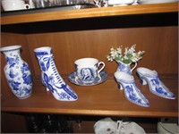 all blue shoes,vase,pitcher & cup & saucer