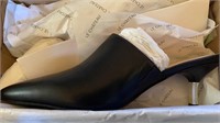 Sz 40 / 8 Black Leather Mules with Silver Heel -