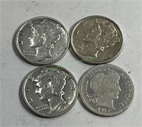 (4) US Mint Dimes - 3 AU Mercury Dimes 1 Barber