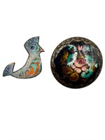 2 Hand painted Metal and Wooden Pins