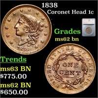 1838 Coronet Head Large Cent 1c Graded ms62 bn By