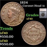 1824 Coronet Head Large Cent 1c Graded xf40 By SEG