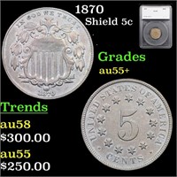 1870 Shield Nickel 5c Graded au55+ By SEGS