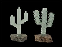 2- Heavy Artist Made Cut Glass Cactus on Rocks
