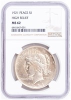 Coin 1921 Peace Dollar, High Relief,NGC MS62