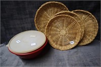 wicker plate trays and tupperware bowl