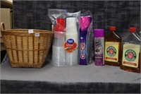 Cups & cleaning supplies in a basket