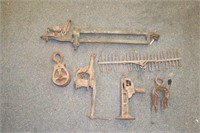 Antique Lot of vintage tools, scale, jack, pulleys