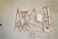 Large lot metal antique tools, trap, pullys, etc