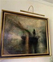 Antique original oil painting on board - ship on