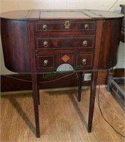 Antique inlaid wood sewing box with three
