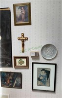 Contents of wall - four framed prints, crucifix,