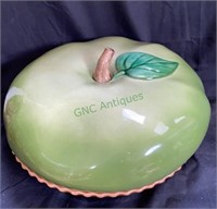 Vintage ceramic pie pan with lid shaped like an