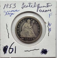 1853  Seated Quarter with arrows and rays F