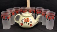 Vintage red poppy teapot, eight matching poppy